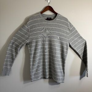 Polo Ralph Lauren Waffle Knit Thermal Long Sleeve Shirt Mens XL Gray Stripe Pony